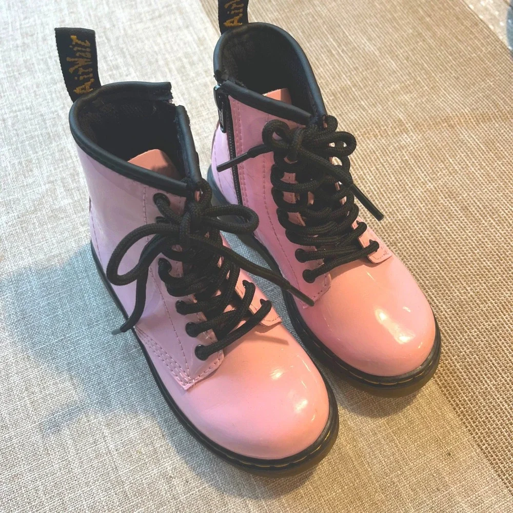 Dr. Martens 1460 J Kids Pink Patent Leather Lace Up Side Zip Boots Size 11 US